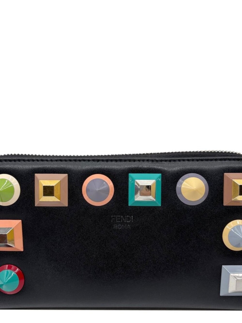 Fendi  Colorful Studs Calfskin Zip Around Long Wallet Black